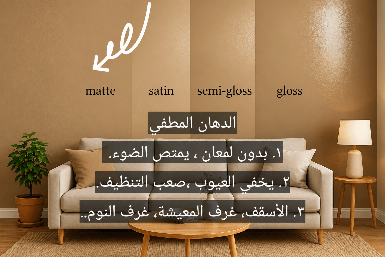 الدهان المطفي (Matt)دهان بدون أي لمعة تماماً. يتميز بقدرته الفائقة على إخفاء عيوب الجدران والتموجات الناتجة عن أعمال المحارة، ويعطي مظهراً فخماً ودافئاً، لكن تنظيفه من البقع يكون صعباً.الاستخدامات: الأسقف، والمجالس الرسمية.