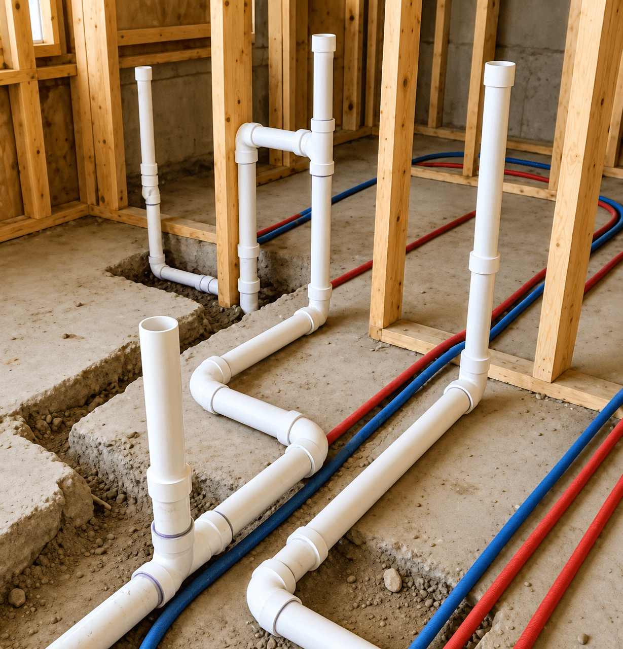 السباكة الداخلية — Internal Plumbing تشمل تأسيس وتمديد شبكات المياه والصرف الصحي داخل المبنى، مثل تمديدات المياه الباردة والساخنة، ومواسير صرف الحمامات والمطابخ والمغاسل والغسالات، ويتم تنفيذها داخل الجدران وتحت الأرضيات حسب مخطط السباكة، قبل أعمال اللياسة والتشطيبات.