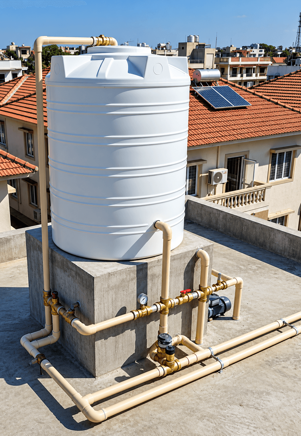 السباكة الخارجية — External Plumbing
تشمل تمديدات السباكة الموجودة خارج المبنى وفوق الأسطح وحوله، مثل خطوط المياه القادمة من الخزانات والمضخات، وتمديدات التغذية الخارجية، ومواسير الصرف والتصريف الخارجية، وربط شبكة المبنى بالشبكات والخزانات والمضخات حسب تصميم المشروع.