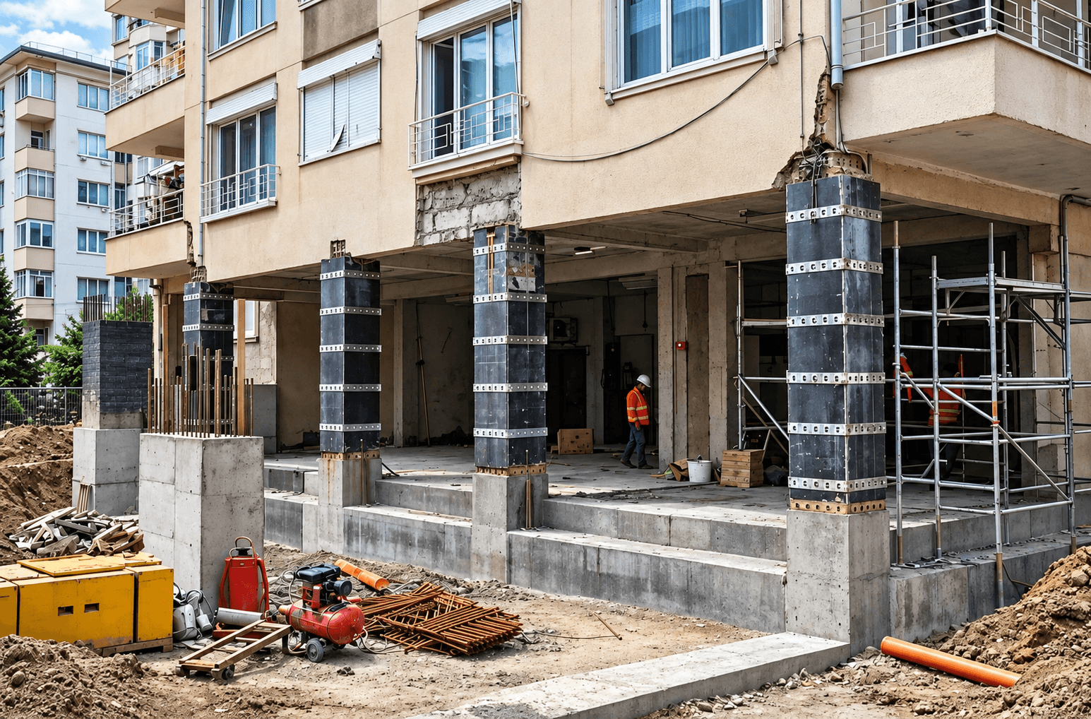الترميم الإنشائي (الهيكلي) — Structural Restoration: يختص بإصلاح وتقوية العناصر الأساسية التي يعتمد عليها استقرار المبنى، مثل الأساسات والأعمدة والكمرات والأسقف والجدران الحاملة. ويشمل معالجة الشروخ والتصدعات، وإصلاح الخرسانة المتضررة، ومعالجة صدأ حديد التسليح، وتنفيذ أعمال التدعيم عند الحاجة، بهدف استعادة قدرة العناصر الإنشائية وتحسين سلامة المبنى.