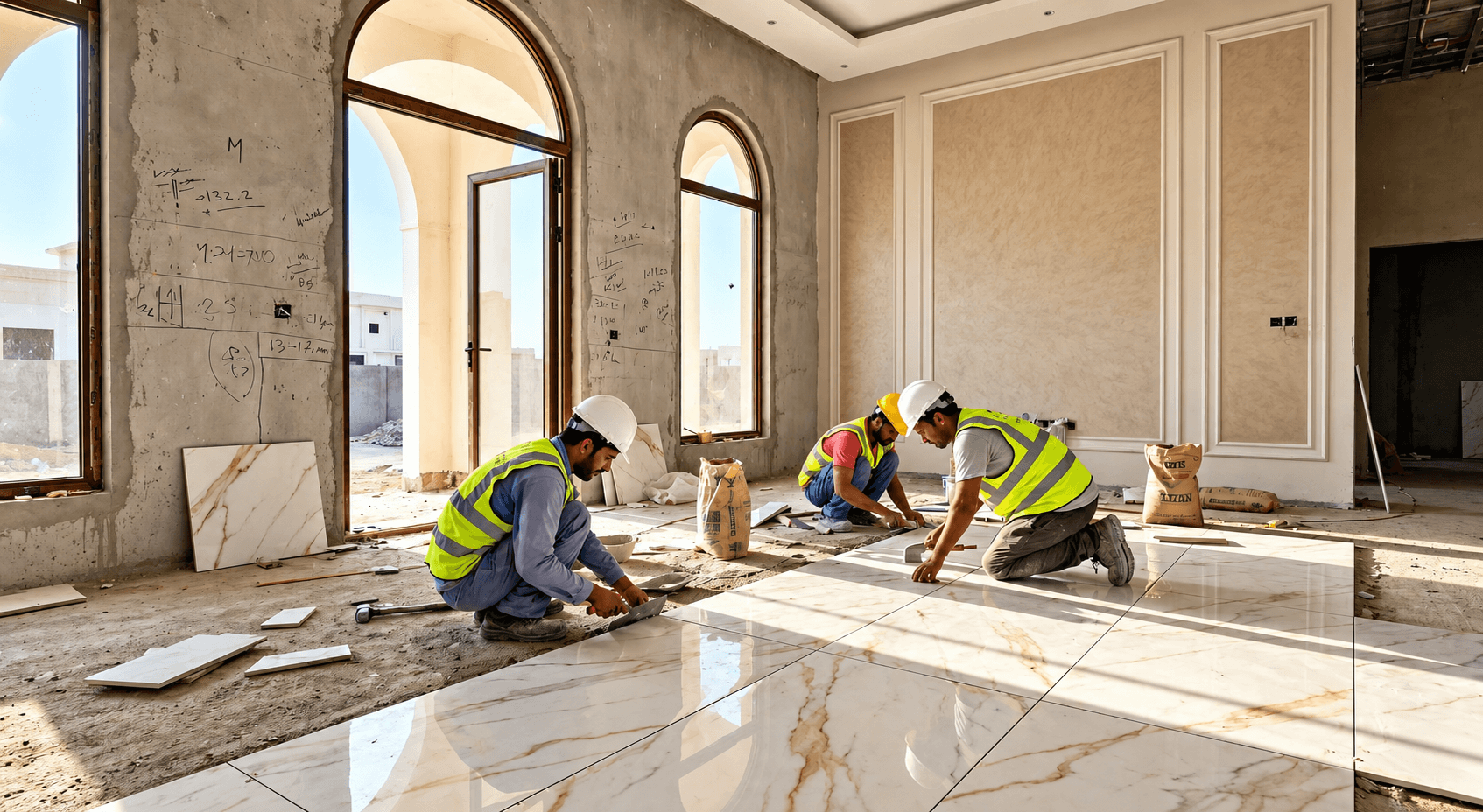 التشطيبات الداخلية (Interior Finishing):تشمل التشطيبات الداخلية جميع الأعمال التي تُنفذ داخل المبنى لإكمال وتجهيز المساحات الداخلية وإعطائها الشكل النهائي المناسب من الناحية الجمالية والوظيفية. وتشمل أعمال تجهيز وتسوية الجدران والأسقف، واللياسة، والدهانات، وتركيب السيراميك والبورسلان والرخام، وتنفيذ الأسقف الجبسية والجبس بورد، بالإضافة إلى تشطيبات الأرضيات والجدران والأعمال النهائية للأبواب والنوافذ وغيرها من العناصر الداخلية.