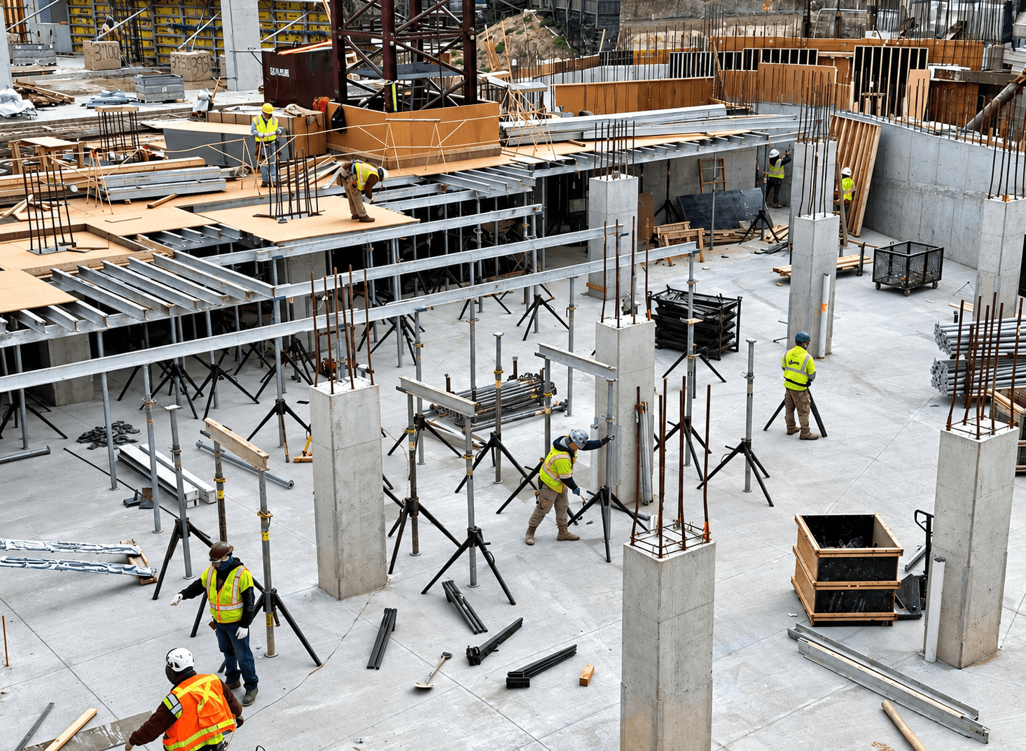 التشييد والبناء | Construction & Building تشمل أعمال التشييد والبناء تنفيذ المباني من المراحل الأساسية، بدءًا من تجهيز الموقع والحفر وتنفيذ الأساسات، ثم بناء الأعمدة والكمرات والأسقف والجدران، وصولًا إلى تجهيز المبنى للمراحل التالية من التمديدات والتشطيبات. ويتم تنفيذ الأعمال وفق المخططات الهندسية المعتمدة وبما يحقق المتانة والاستقرار وجودة التنفيذ.